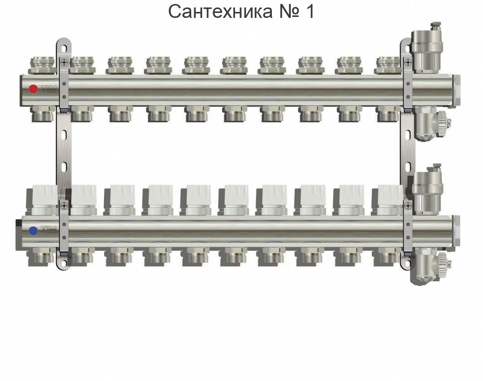 Коллекторная группа из латуни без расходомеров 1" на 5 выходов 3/4" с клапанами и воздухоотводчиками TIM
