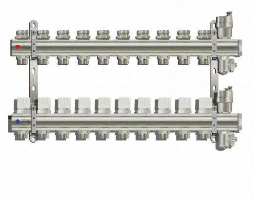Коллекторная группа из латуни без расходомеров 1" на 6 выходов 3/4" с клапанами и воздухоотводчиками TIM