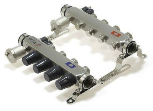 Коллекторная группа из нержавеющей стали без расходомеров 1" на 2 выхода 3/4" с клапанами и воздухоотводчиками TIM