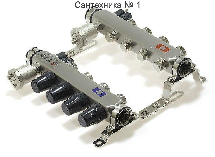 Коллекторная группа из нержавеющей стали без расходомеров 1" на 2 выхода 3/4" с клапанами и воздухоотводчиками TIM