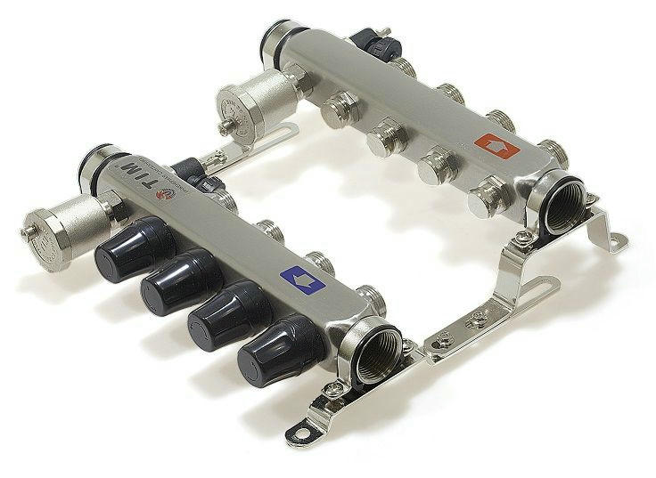 Коллекторная группа из нержавеющей стали без расходомеров 1" на 11 выходов 3/4" с клапанами и воздухоотводчиками TIM