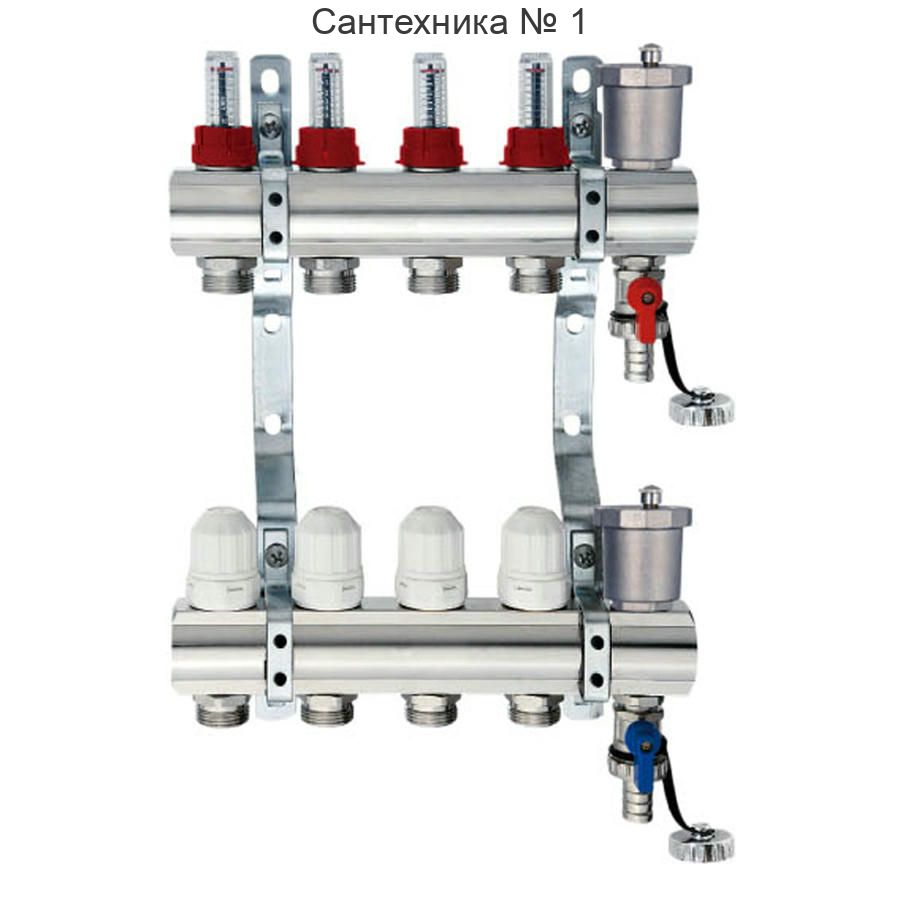 Коллекторная группа из латуни с расходомерами 1" на 7 выходов с клапанами и воздухоотводчиками TIM