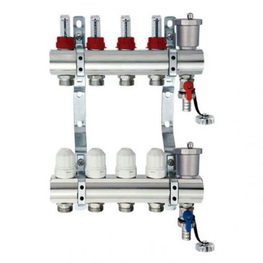 Коллекторная группа из латуни с расходомерами 1" на 10 выходов с клапанами и воздухоотводчиками TIM