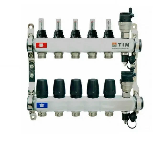 Коллекторная группа из нержавеющей стали с расходомерами 1" на 5 выходов с клапанами и воздухоотводчиками TIM