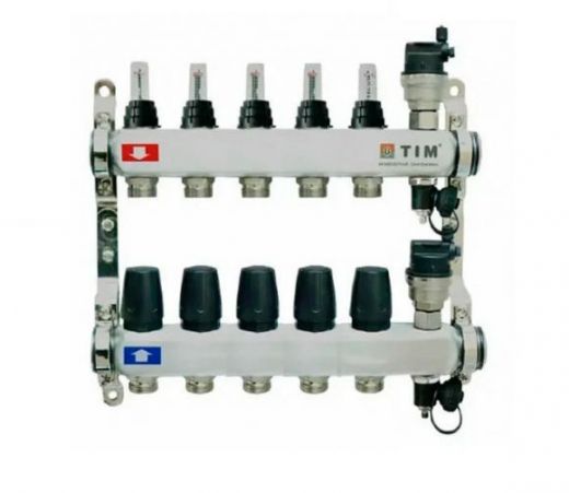 Коллекторная группа из нержавеющей стали с расходомерами 1" на 11 выходов с клапанами и воздухоотводчиками TIM