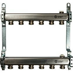 Коллекторная группа из нержавеющей стали для радиаторной разводки без расходомеров на 6 выходов STOUT