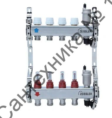 Коллекторная группа из нержавеющей стали с расходомерами 1" на 12 выходов 3/4" ZEISSLER
