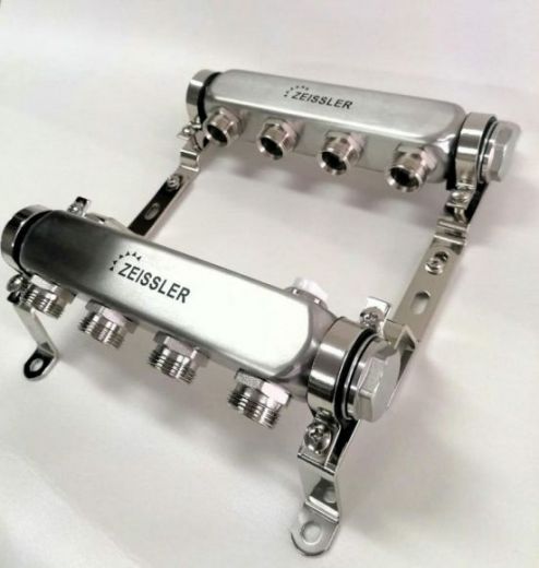 Коллекторная группа без запорных клапанов 1" на 4 выхода 3/4" ЕК ZEISSLER