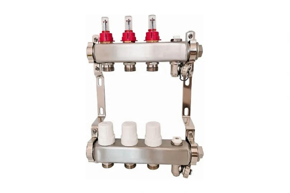 Коллекторная группа из нержавеющей стали с расходомерами 1"x3/4 EK 2 выхода (кран маевского и сливной кран) Victoria