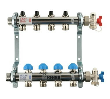 Коллектор распределительный HKV на 4 контура, нержавеющая сталь REHAU