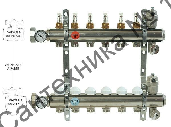 Коллекторная группа с расходомерами 1" на 10 выходов, межосевое 20 см Comisa