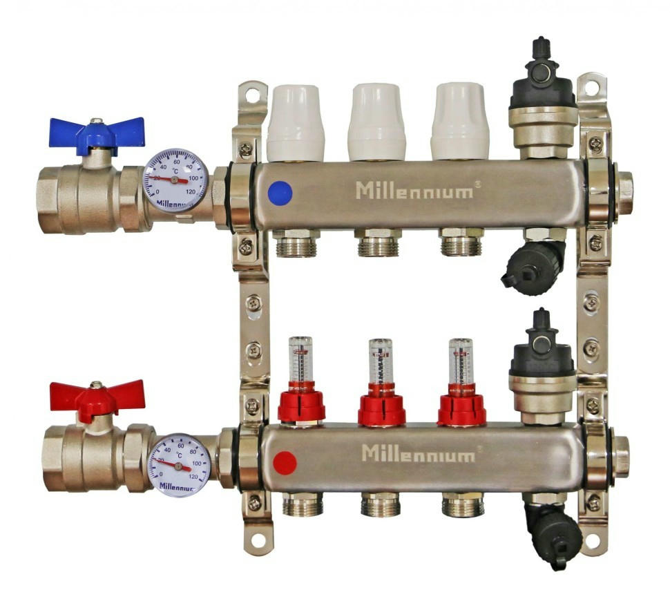 Коллекторная группа 1" 5 выходов с кранами и расходомерами Millennium