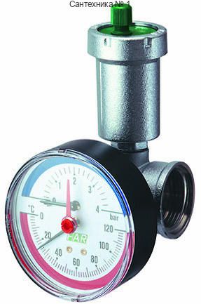 Резьбовой узел с выпускником воздуха, термоманометром и заглушкой 1", 10 бар FAR