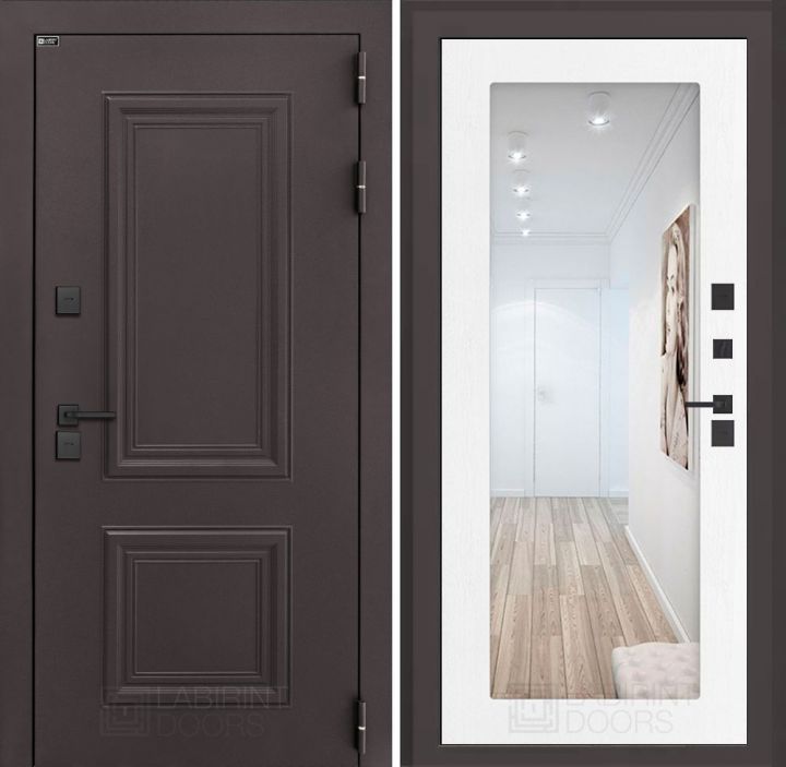 Входная дверь Лабиринт Полярис Лайт - 18 Зеркало Белое дерево с терморазрывом