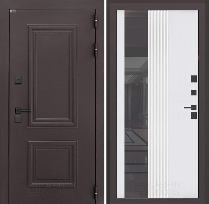 Входная дверь Лабиринт Полярис Лайт - 32 Зеркало белый софт рельеф с терморазрывом