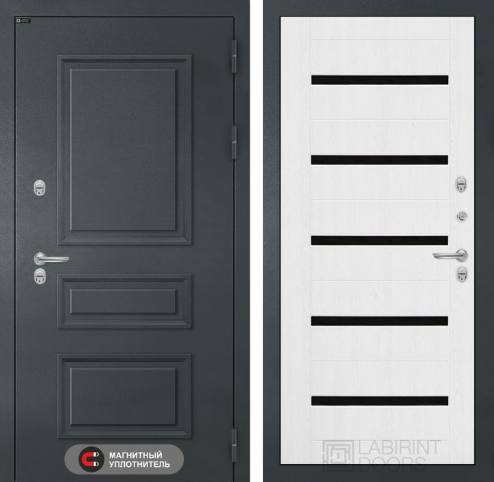 Входная дверь Лабиринт ATLANTIC - 01 Белое дерево, стекло черное с терморазрывом