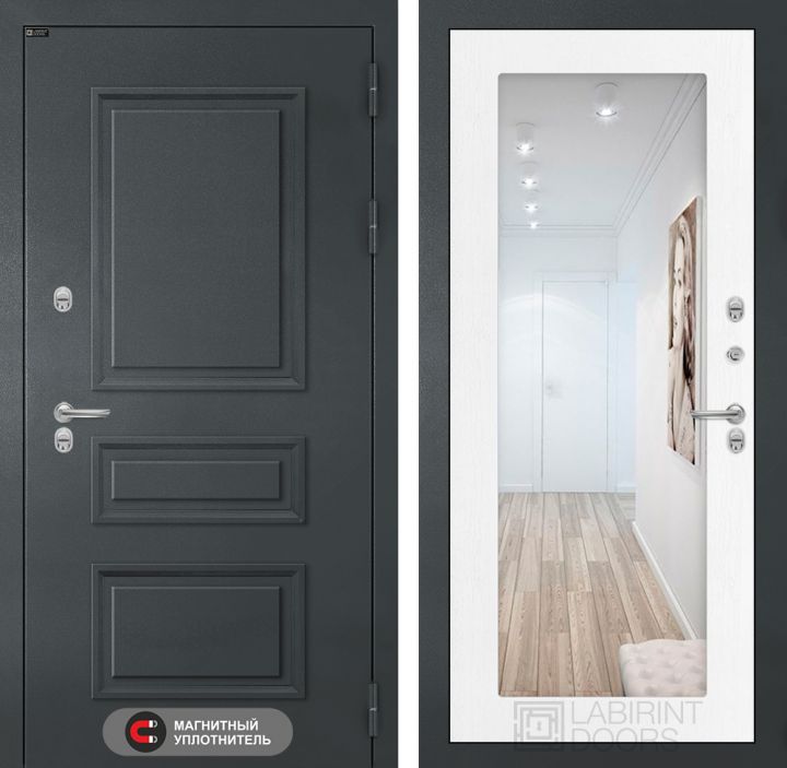 Входная дверь Лабиринт ATLANTIC - 18 Зеркало Белое дерево с терморазрывом