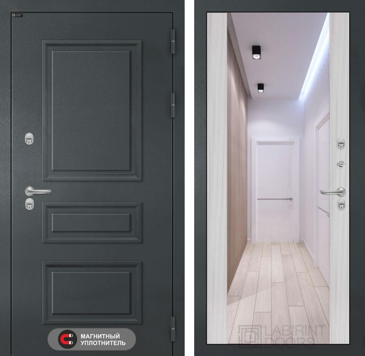 Входная дверь Лабиринт ATLANTIC - Зеркало максимум Сандал белый с терморазрывом