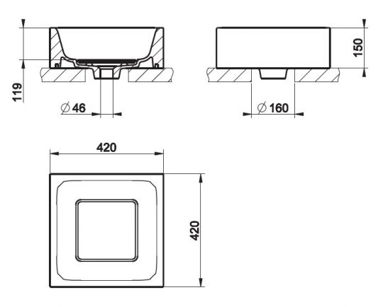 Раковина без перелива Gessi Rettangolo 37571 42х42 схема 2 Раковина без перелива Gessi Rettangolo 37571 42х42 схема 2