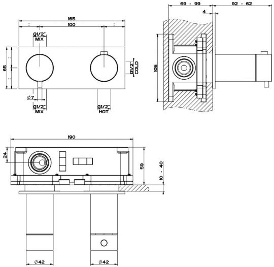 Gessi 316 смеситель для ванны/душа 54034239 сталь браш схема 2