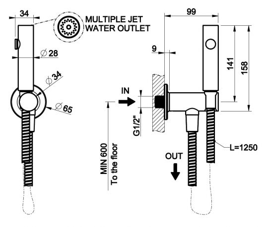 Гигиенический душ Gessi Inciso Total Look без смесителя 58153299 черный матовый схема 2