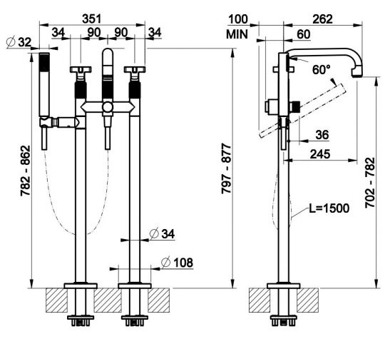 Смеситель для ванны Gessi Inciso 58129727 латунь браш PVD схема 2