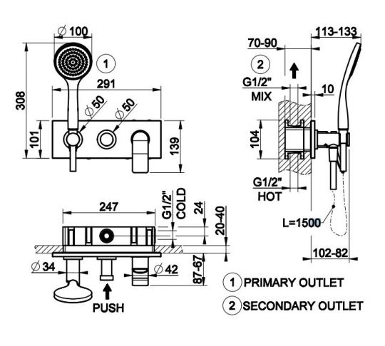 Смеситель для ванны c душем Gessi Rilievo 59140031 хром схема 2