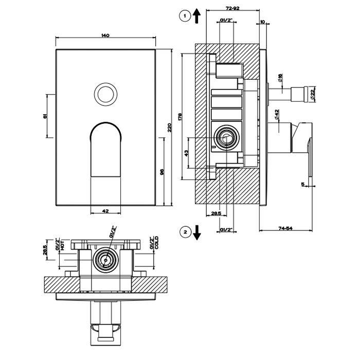 Смеситель встраиваемый для душа Gessi Emporio Via manzoni на 2 выхода с переключателем 44634 ФОТО