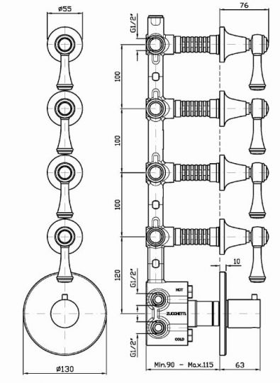 Смеситель Zucchetti Agor Classic для ванны и душа ZAM662 схема 2 Смеситель Zucchetti Agor Classic для ванны и душа ZAM662 схема 2