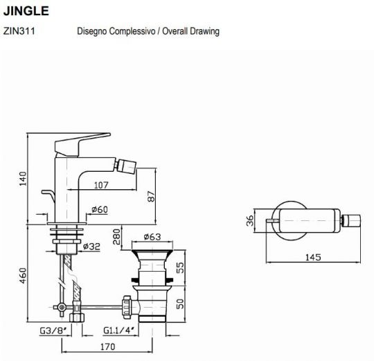 Смеситель Zucchetti Jingle для биде ZIN311 схема 2