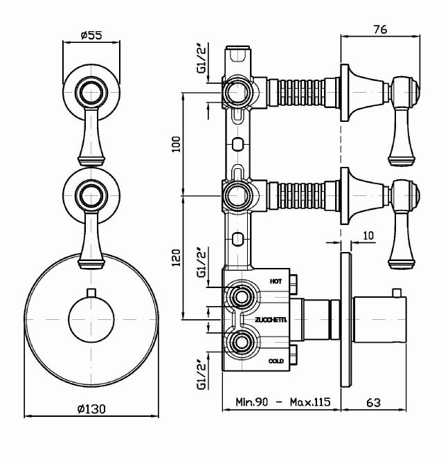 Термостатический смеситель для ванны и душа Zucchetti Agor Classic ZAM660 на 2 потребителя с керамическими ручками