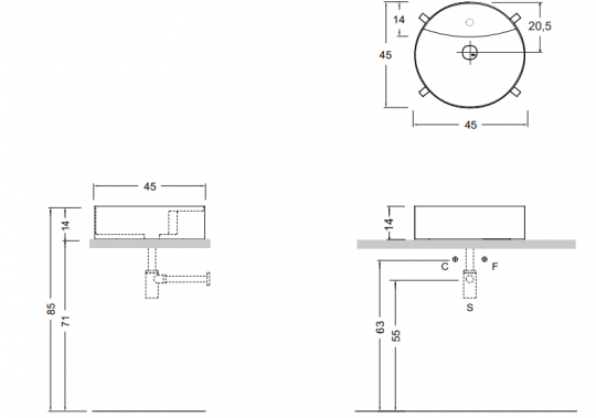 Круглая раковина Nic Design Consolle 001 724 45х45 см без отверстий под смеситель схема 2