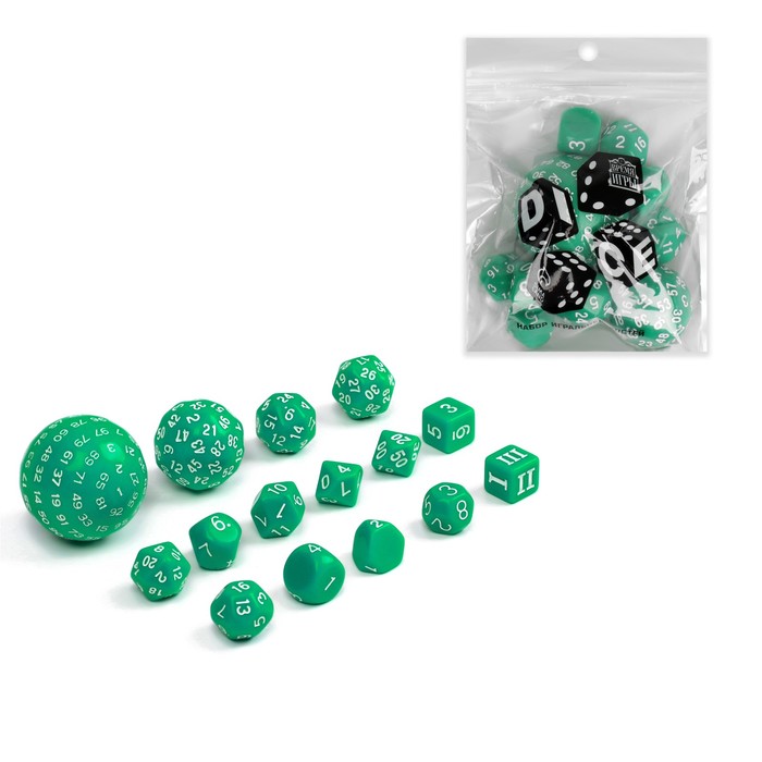 Кости игральные, дайсы, D&D (Dungeons and Dragons, ДнД), 15 шт., зеленые