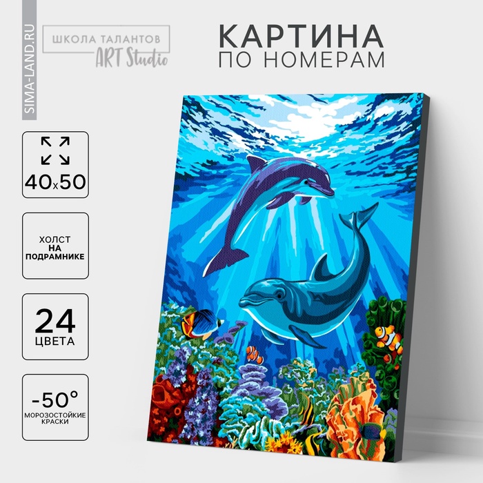 УЦЕНКА Картина по номерам на холсте с подрамником "Дельфины-друзья" 40*50 см