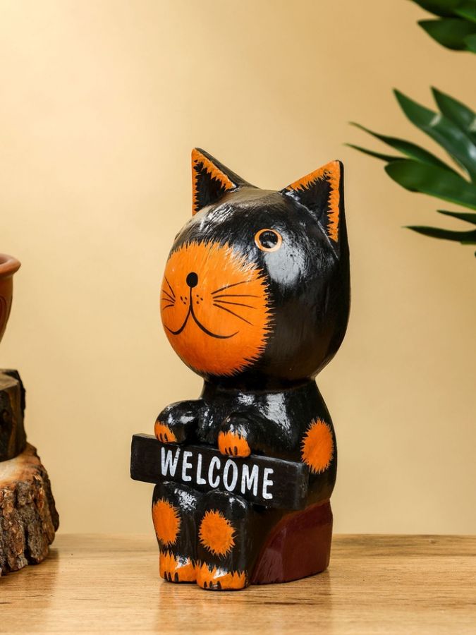 Сувенир «Кот с табличкой WELCOME», 10?7?16 см, дерево, чёрно-рыжий