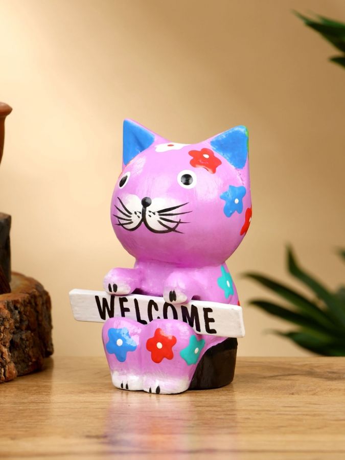 Сувенир «Кот с табличкой WELCOME», 8?5?10 см, дерево, сиреневый