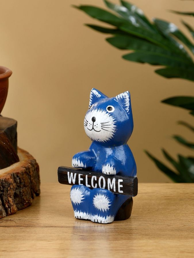 Сувенир «Кот с табличкой WELCOME», 8?4?10 см, дерево, синий