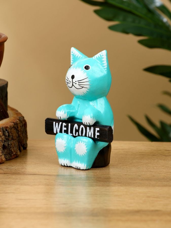 Сувенир «Кот с табличкой WELCOME», 8?4?10 см, дерево, бирюзовый