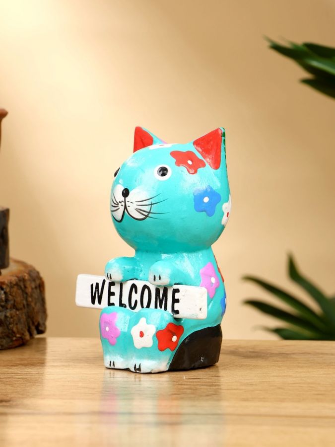 Сувенир «Кот с табличкой WELCOME», 8?5?10 см, дерево, бирюзовый