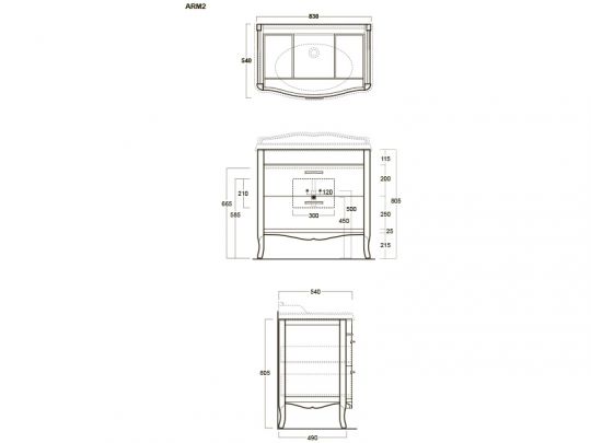 Тумба под раковину Simas Arcade ARM2 в классическом стиле 83х49 см схема 2