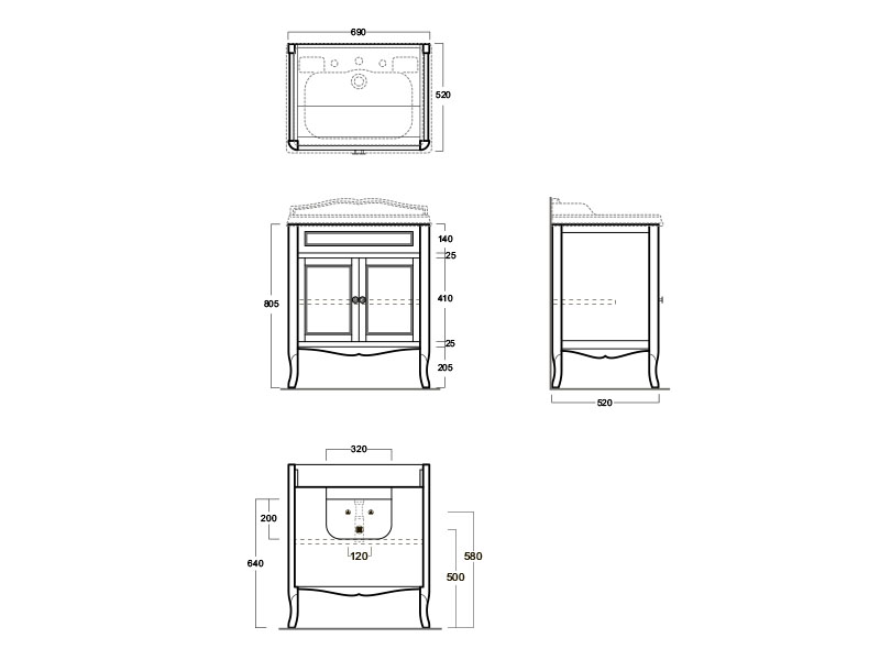 Тумба под раковину Simas Arcade ARMD70 с прямыми дверцами 69х52 см ФОТО