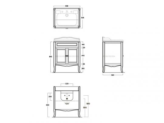 Тумба под раковину Simas Arcade ARMD70 с прямыми дверцами 69х52 см схема 2 Тумба под раковину Simas Arcade ARMD70 с прямыми дверцами 69х52 см схема 2
