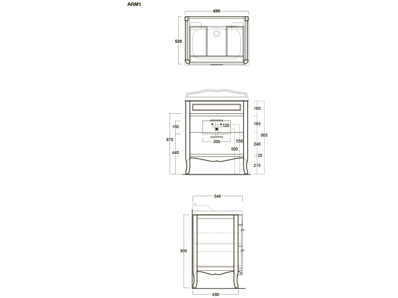 Тумба под раковину Simas Arcade ARM1 с ящиками 70х54 см ФОТО