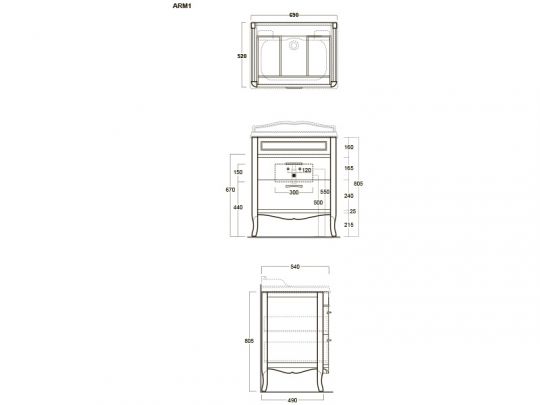 Тумба под раковину Simas Arcade ARM1 с ящиками 70х54 см схема 2