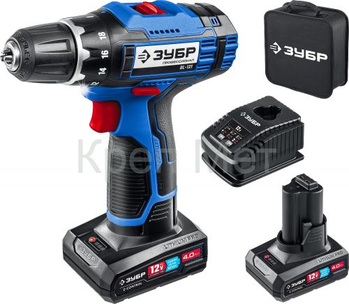 ЗУБР 12 В, 40 Н·м, 2 АКБ тип Т7 (4 А·ч), дрель-шуруповерт, сумка, Профессионал (DL-121-42)