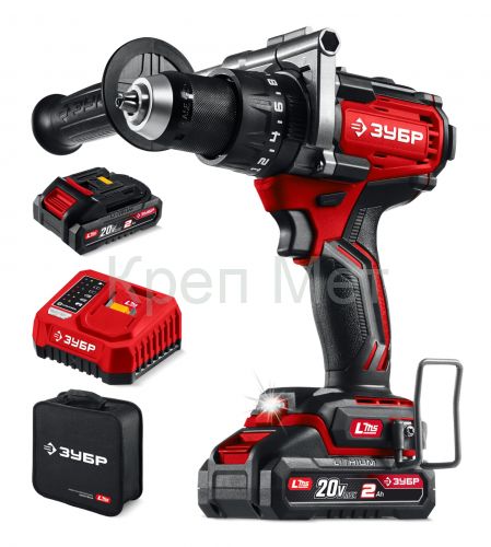 ЗУБР 20 В, 165 Н·м, 2 АКБ LMS (2 А·ч), бесщеточная ударная дрель-шуруповерт, сумка (ДБУ-165-22)