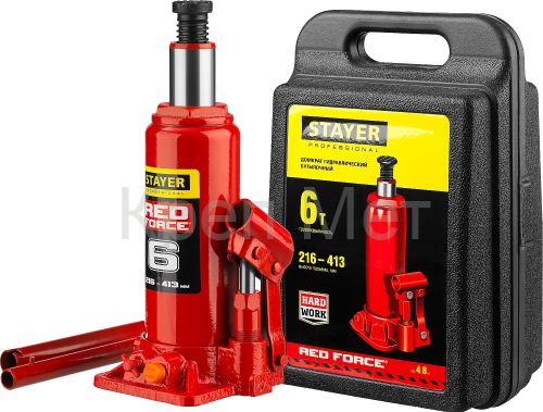 STAYER RED FORCE, в кейсе, 6 т, 216 - 413 мм, бутылочный гидравлический домкрат, Professional (43160-6-K)