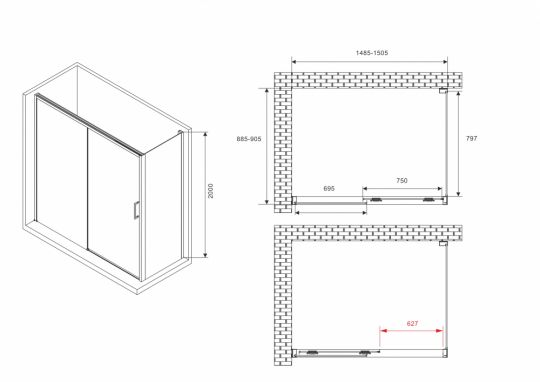 Душевой уголок ABBER Komfort AG93150B-S92B 150х90 см схема 2