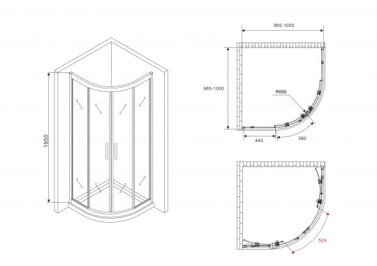 Душевой уголок ABBER Schwarzer Diamant AG01100 100х100 см схема 2 Душевой уголок ABBER Schwarzer Diamant AG01100 100х100 см схема 2