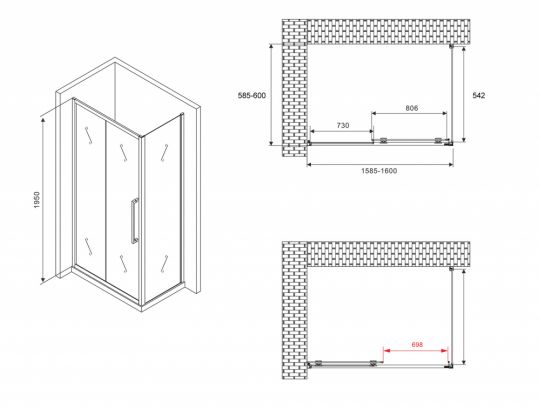 Душевой уголок ABBER Schwarzer Diamant AG30160MH-S60M 160х60 см схема 2
